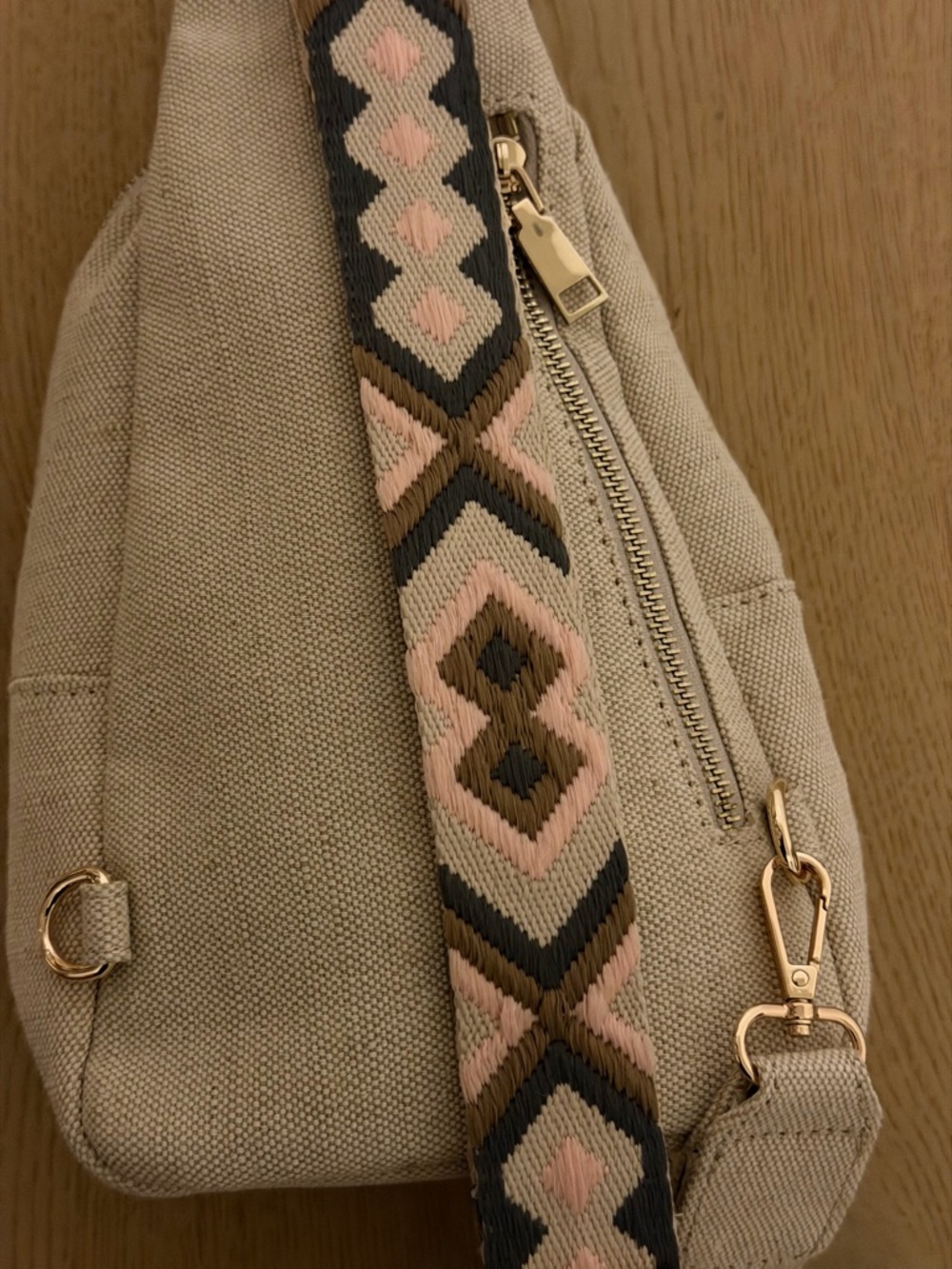 Altar'd State Beige Canvas Sling with Pink & Brown Embroidered Strap